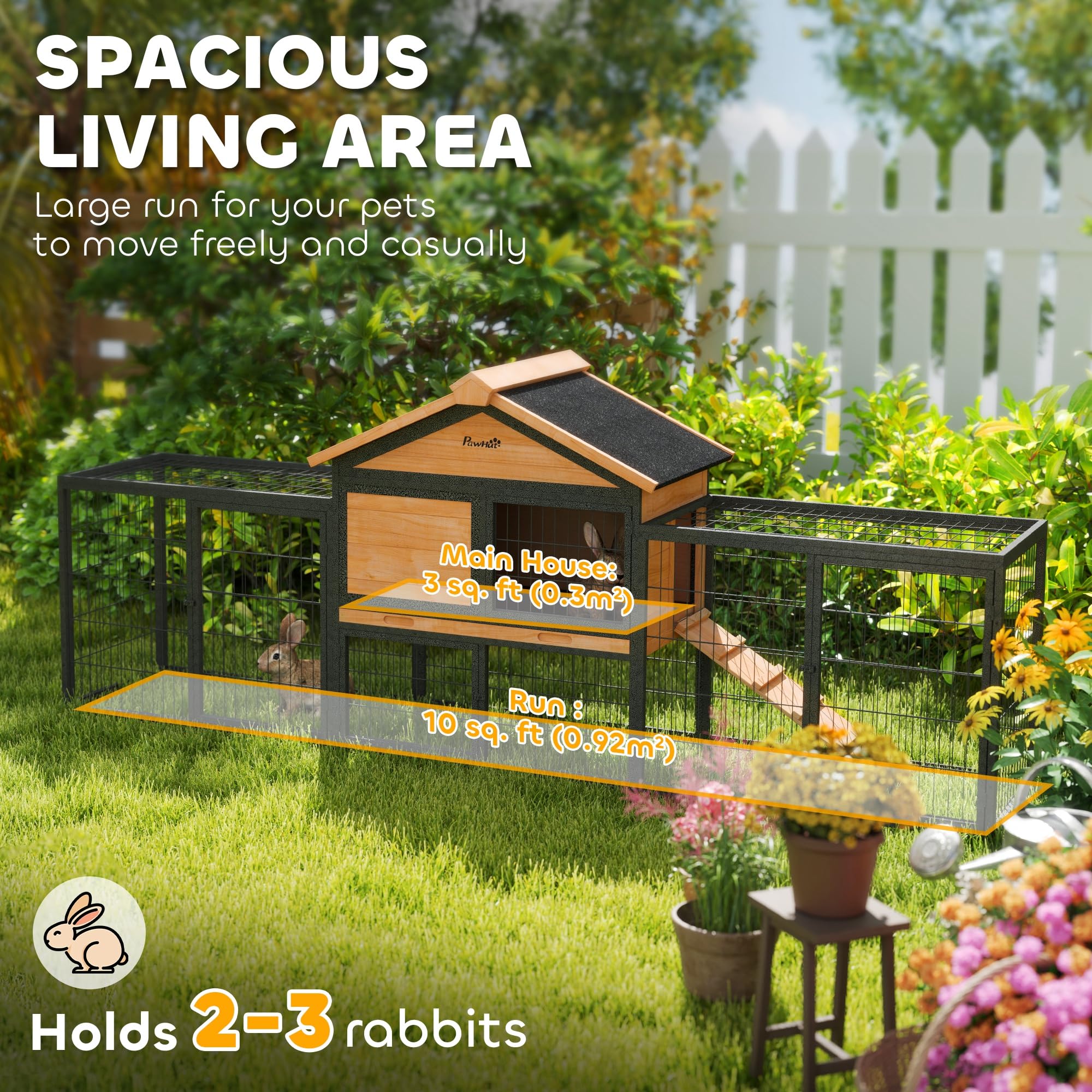 Pawhut Rabbit Hutch Outdoor, 85'' Large Wooden Bunny Cage With Steel Run, Removable No Leakage Tray, Waterproof Roof, Ramp, Meta